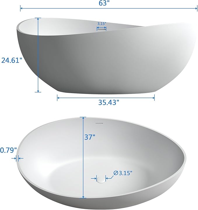 63'' Solid Surface Freestanding Bathtub Matte Soaking Bathtubs Tubs Oval Resin Stone Bathtubs with Overflow and Pop-up Drain - White