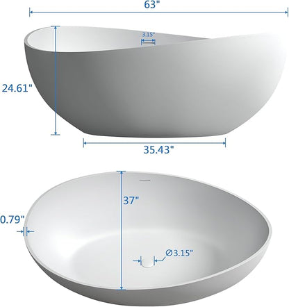 63'' Solid Surface Freestanding Bathtub Matte Soaking Bathtubs Tubs Oval Resin Stone Bathtubs with Overflow and Pop-up Drain - White