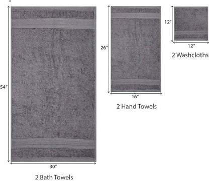 TRIDENT Soft & Plush Luxury Towel Set, 100% Cotton, 2 Bath Towels 2 Hand Towels 2 Washcloths Highly Absorbent Towels for Bathroom, 6 Pieces Charcoaly Grey Towel Sets