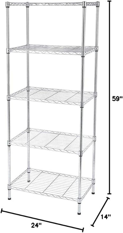5 Tier Storage Racks Shelving, Heavy Steel Pantry Shelves, Adjustable Wire Shelving Rack, Suitable for Garage, Kitchen, Bathroom, Office, 24" W x 14" D x 59" H, Chrome