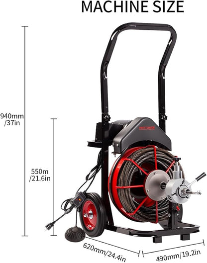 100FT x 1/2 inch Electric Drain Washer, Sewer Spiral Automatic Feed Portable Sewer Snake, Automatic Feed Drain Snake Drill on Wheels with 5 Knives and Air Activated Foot Switch for 4 "to 8" Pipe