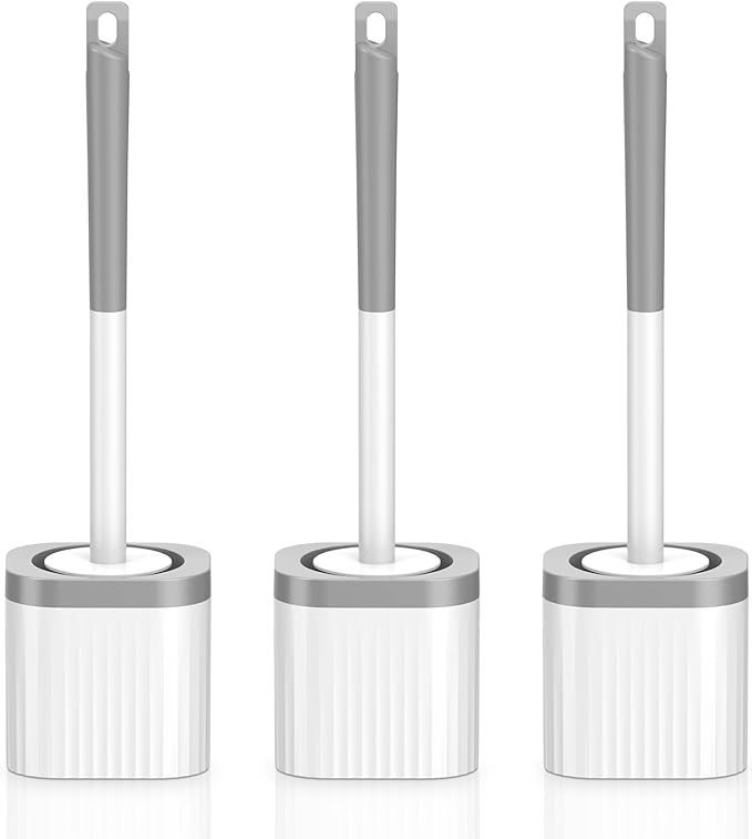 Toilet Brush, 3 Pack Toilet Brush and Holder Set with Nylon Bristles Toilet Bowl Brush Compact Hidden Scrubber Brushes for Bathroom Deep Cleaning, Grey & White
