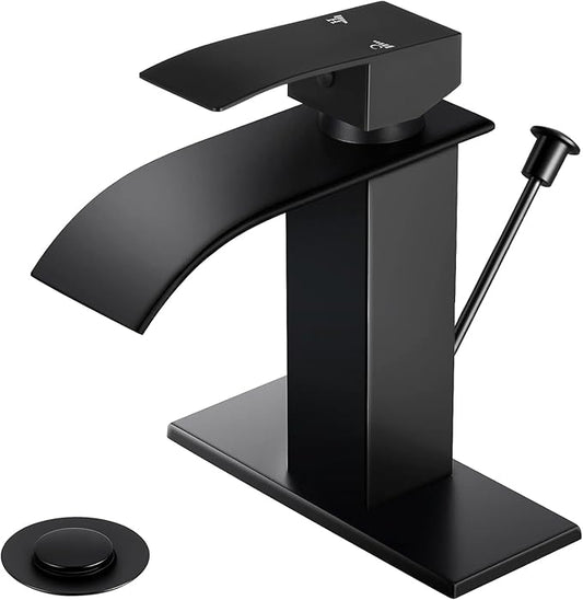 Bathroom Faucets with Lift Rod Drain Mater Black Waterfall Bathroom Sink Faucet Modern Single Handle Bathroom Faucet for 1 or 3 Hole Mxier Tap Washbasin Faucet with Deck