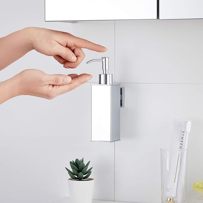 BGL Hand Soap Dispenser Stainless Steel 304 Wall Mount Chrome Soap Dispenser Holder for Bathroom (Chrome, Square)