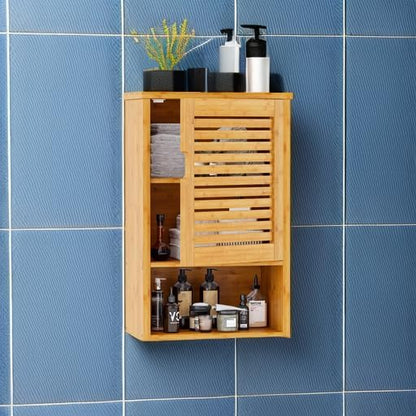 VIAGDO Bathroom Wall Cabinet, Wooden Medicine Cabinet with Single Door and Adjustable Inner Shelf, Bamboo Storage Cabinet Wall Mounted, Over The Toilet Hanging Cupboard, 15.7’’Lx7.8’’Wx23.6’’H