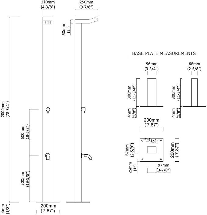 Bondi 316 Marine Grade Stainless Steel Outdoor Shower Panel-No Rust! Perfect for Swimming Pools, Backyards, Beach Houses, Resorts. Hot & Cold Water Connections, Wall Mounted or Freestanding Options.