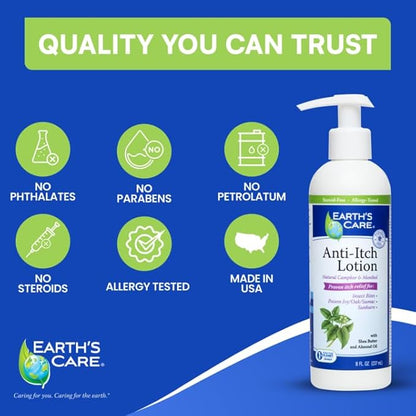 Earth's Care Anti Itch Lotion with Menthol and Camphor - Steroid Free - Soothes Sunburn, Dry and Itchy Skin, and Minor Skin Irritation, FL. 8 OZ