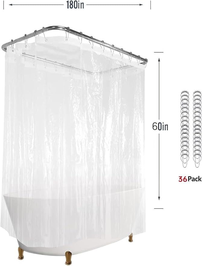 Clawfoot Tub Shower Curtain 180x60 Inch Clear Liner All Warp Around Extra Wide 36 Metal Hooks Heavy Duty Vinyl Bath Curtain for Clawfoot Stand Up Tub Bathroom PEVA Waterproof Liner