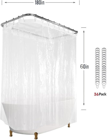 Clawfoot Tub Shower Curtain 180x60 Inch Clear Liner All Warp Around Extra Wide 36 Metal Hooks Heavy Duty Vinyl Bath Curtain for Clawfoot Stand Up Tub Bathroom PEVA Waterproof Liner