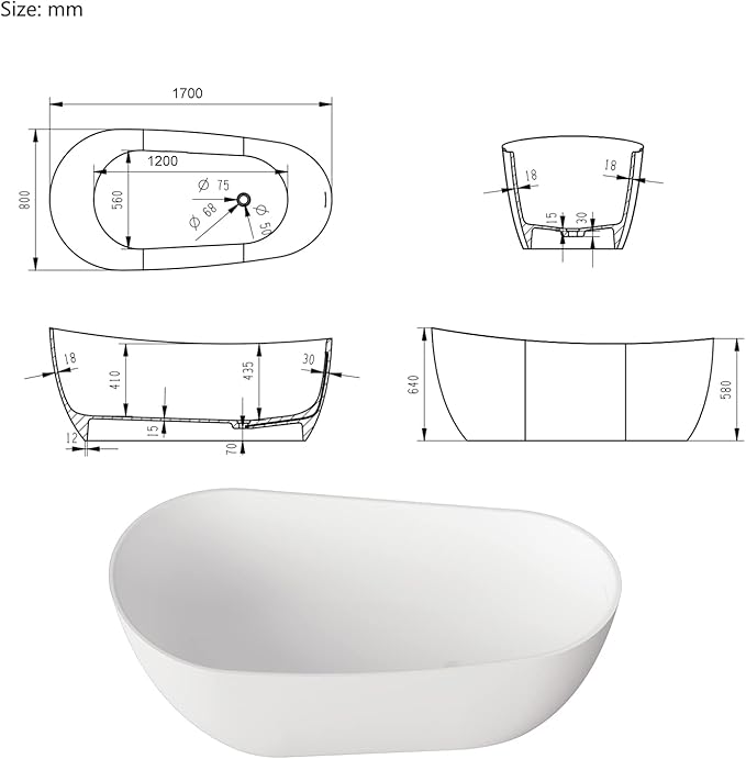 Cpingao (66.9"Lx31.5"Wx25.1"T) Matte White Stone Resin Solid Surface Freestanding Bathtub, Modern Stand Alone Soaking Tub with Overflow and Pop Up Drain,One-Piece Molding 8828