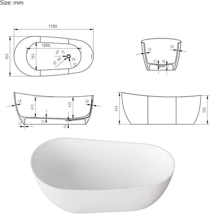 Cpingao (66.9"Lx31.5"Wx25.1"T) Matte White Stone Resin Solid Surface Freestanding Bathtub, Modern Stand Alone Soaking Tub with Overflow and Pop Up Drain,One-Piece Molding 8828