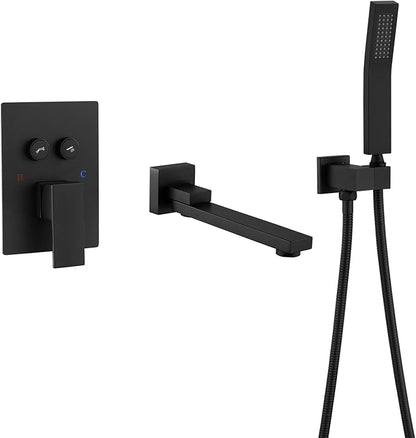 Wall Mount Bathtub Faucet Set Included 180°Swivel bathroom Tub Filler faucets and handheld Shower，high Flow Tub Spout with Solid Brass Push-button Diverter Pressure Balance Valve,Matte Black