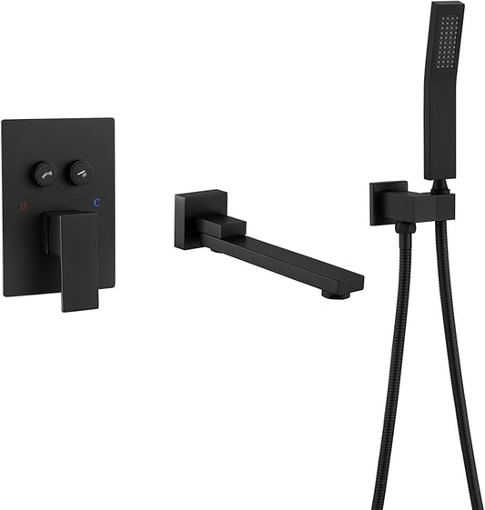 Wall Mount Bathtub Faucet Set Included 180°Swivel bathroom Tub Filler faucets and handheld Shower，high Flow Tub Spout with Solid Brass Push-button Diverter Pressure Balance Valve,Matte Black
