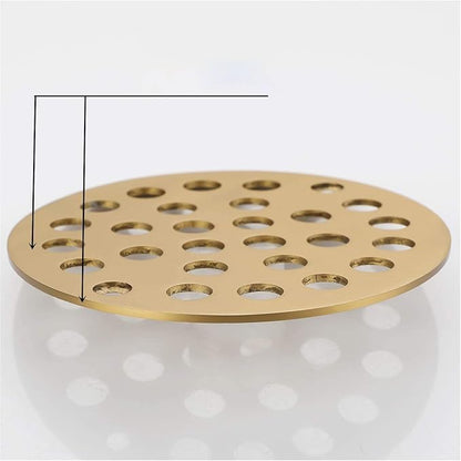 4 Inch OD Round Screw-in Brushed Gold Shower Drain Strainer - Brass Construction, Efficient Drainage & Versatile Use