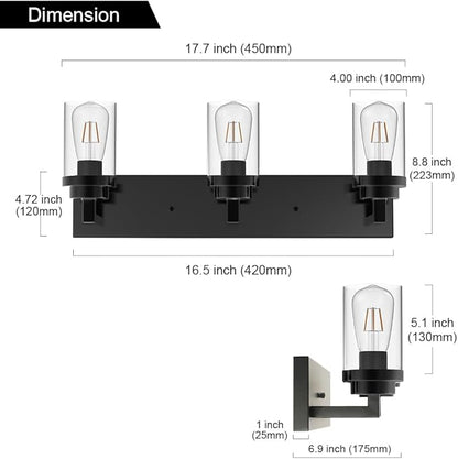 MELUCEE Vintage Bathroom Lighting Fixtures Over Mirror, 3-Light Modern Vanity Lights Black Finish Industrial Wall Sconce with Clear Glass Shade