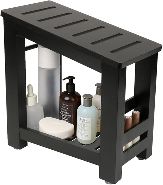 Shower Foot Rest, Small Bamboo Foot Stool with Storage Shelf, Shower Stool for Shaving Legs, No Assembly Required, Natural (Black)
