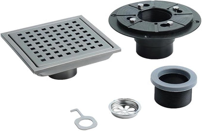 6 Inch Square Shower Drain, SUS 304 Stainless Steel Shower Drain with Flange, Removable Grid Cover Hair Strainer, High Flow Shower Floor Drain, Gun Grey