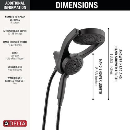 Delta 5-Setting HydroRain 2-in-1 Dual Shower Head with ProClean Spray, Matte Black High Pressure Shower Head with Handheld Spray, 1.75 GPM Flow Rate, Matte Black 75419BL