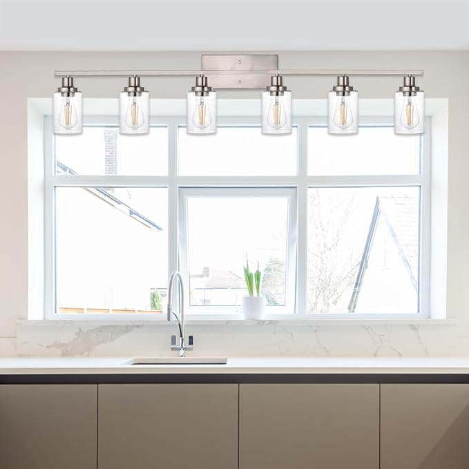 6-Lights Bathroom Vanity Light Fixtures with Seeded Glass Lampshades, 45.3-Inches Length Modern Brushed Nickel Wall Light Fixture for Kitchen Bathroom Lighting