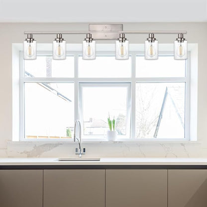 6-Lights Bathroom Vanity Light Fixtures with Seeded Glass Lampshades, 45.3-Inches Length Modern Brushed Nickel Wall Light Fixture for Kitchen Bathroom Lighting