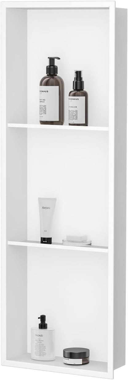 Neodrain 12X36 Inch Shower Niche, White 3-Tier Stainless Cubby NO Tile Needed Recessed Niche Shower for Bathroom Storage, Waterproof Wall Shelf