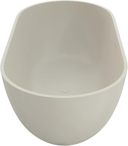Premium 59" Warm Grey Solid Surface Free Standing Bathtub, Upgraded Oval Resin Stone Tub with Overflow and Pop-up Drain