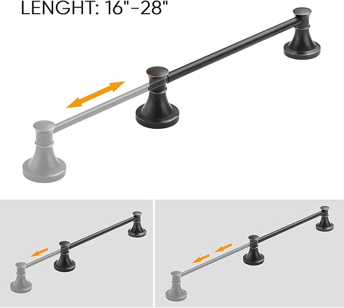 BESy Adjustable Bronze 16 to 26 Inch Bath Towel Bar Rack for Bathroom Towel Holder, Wall Mounted Towel Bar Rod Hanger Bathroom Hardware Accessories Hotel Style, Stainless Steel, Oil Rubbed Bronze
