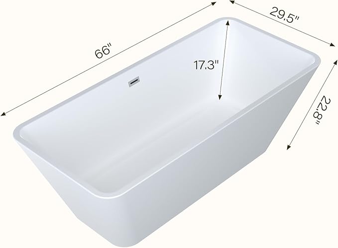 66 Inch Large Acrylic Freestanding Soaking Tub – Modern Bathtub with Ergonomic Backrest, Glossy White Finish, Includes Drain & Overflow, Luxury Stand Alone Tub for Spa-Like Bathrooms