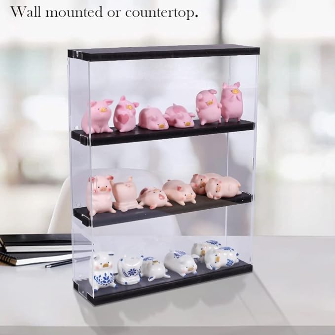 Choowin 3 Layer Wall Shelf Clear Acrylic Display Case for Collectibles, Mini Figures, Pop Mart, Labubu, Sonny Angel, Smiski - Assemble Dustproof Acrylic Display Box with Sliding Door (Black)