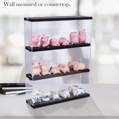Choowin 3 Layer Wall Shelf Clear Acrylic Display Case for Collectibles, Mini Figures, Pop Mart, Labubu, Sonny Angel, Smiski - Assemble Dustproof Acrylic Display Box with Sliding Door (Black)