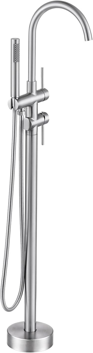 Freestanding Bathtub Faucet Brushed Nickel, Floor Mount Tub Filler, High Flow Brass Shower Faucets with Handheld Sprayer for Bathroom