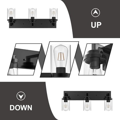 MELUCEE Vintage Bathroom Lighting Fixtures Over Mirror, 3-Light Modern Vanity Lights Black Finish Industrial Wall Sconce with Clear Glass Shade