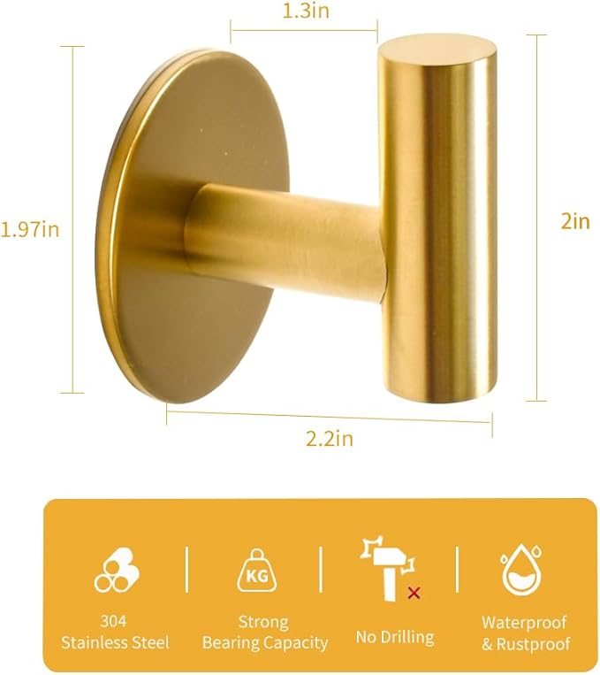 Vuzvuv Adhesive Brushed Gold Hooks, SUS304 Stainless Steel Self-Adhesive Towel Coat Robe Heavy Duty Waterproof Hook for Bathrooms Kitchen Hotel (2-Pack)