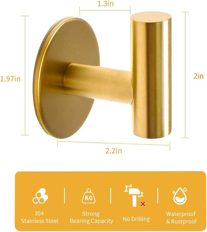 Vuzvuv Adhesive Brushed Gold Hooks, SUS304 Stainless Steel Self-Adhesive Towel Coat Robe Heavy Duty Waterproof Hook for Bathrooms Kitchen Hotel (2-Pack)