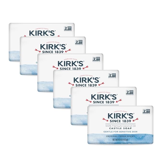 Kirk's Castile Bar Soap for Men, Women & Children - Made With Premium Coconut Oil, Sensitive Skin Formula, Vegan, Non GMO, Original Fresh Scent, 4 oz. Bars, 6 Pack