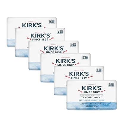 Kirk's Castile Bar Soap for Men, Women & Children - Made With Premium Coconut Oil, Sensitive Skin Formula, Vegan, Non GMO, Original Fresh Scent, 4 oz. Bars, 6 Pack
