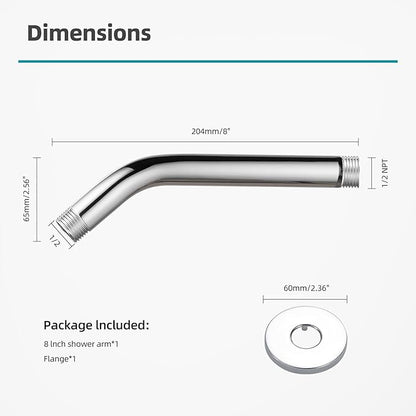 Cobbe Shower Arm with Flange and Teflon Tape, 8-Inches Wall Mounted Shower Pipe Arm 304 Stainless Steel Extension for Fixed Shower Head, Chrome