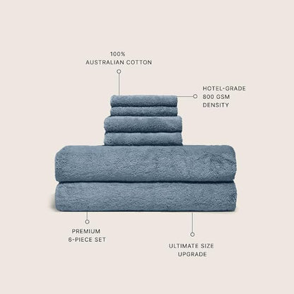 Italic Ultraplush Luxe 6 Piece Towel Set – 2 Bath Sheets, 2 Hand Towels, 2 Washcloths – 800GSM Soft, Highly Absorbent & Quick Drying, Resort Grade 100% Australian Cotton Towels (Glacier)