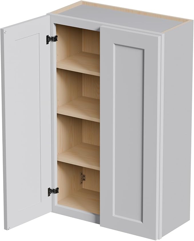 27 Inch Medicine Cabinet Wall Mounted, Solid Wood Over The Toilet Storage Cabinet, Bathroom Organizer Cabinets with 2 Door & 3 Shelves, Easy to Assemble for Laundry Room, Kitchen, Garage - Light Gray