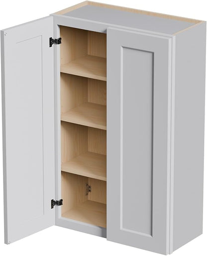 27 Inch Medicine Cabinet Wall Mounted, Solid Wood Over The Toilet Storage Cabinet, Bathroom Organizer Cabinets with 2 Door & 3 Shelves, Easy to Assemble for Laundry Room, Kitchen, Garage - Light Gray