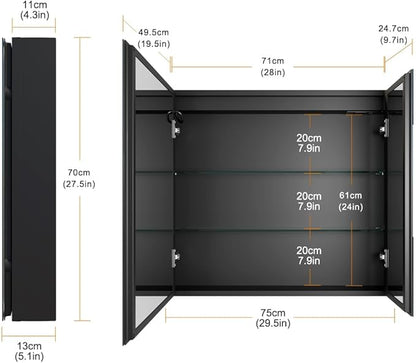 KWW 30 x 28 Inch Double Doors LED Lighted Bathroom Medicine Cabinet, Defogger, Dimmable, 3 Color Light Makeup Mirror, Outlets & USBs, Easy to Install, Wall Mounted Mirror Cabinet