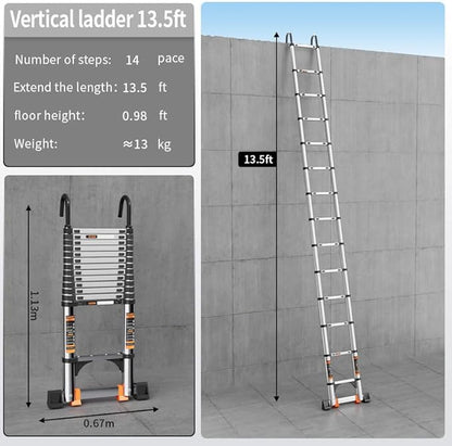 Telescoping Ladder,with Stable Hook and stabilizer barand,13.5FT Extension Ladder, Heavy Duty 330lbs Max Capacity, Multi-Purpose Collapsible Ladder for RV or Outdoor Work (4.1M/13.5FT)