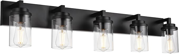 MELUCEE 5-Light Black Bathroom Light Fixtures with Clear Glass Shade, Black Vanity Lights Industrial Wall Mount Light for Bathroom Mirror, Powder Room Bedroom