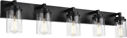 MELUCEE 5-Light Black Bathroom Light Fixtures with Clear Glass Shade, Black Vanity Lights Industrial Wall Mount Light for Bathroom Mirror, Powder Room Bedroom