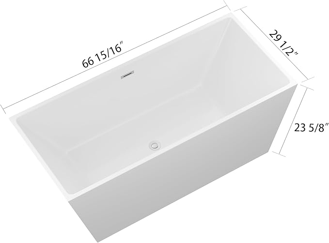 Logmey 67 Inch Bathtub White Acrylic Freestanding Rectangle Deep Soaking Tub with Chrome Drain & Overflow Assembly for Classic and Modern Bathrooms