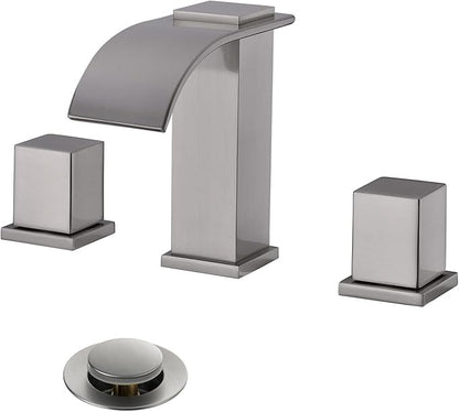 Luxury Brass Modern Widespread Waterfall Bathroom Sink Faucets with Copper Valve for 3 Hole 2-Handle 8 Inch Deck Bathroom Vanity Faucet, &Stainless Steel Pop-up Drain Assembly, Brushed Nickel