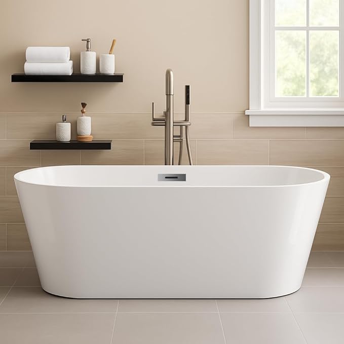 59 in Acrylic Freestanding Bathtub, Contemporary Stand Alone Tub,Glossy White Soaking Tub, Oval Bathtub with Chrome Overflow and Drain,CUPC Certified