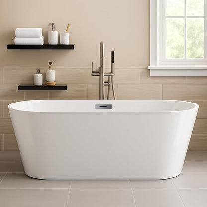 59 in Acrylic Freestanding Bathtub, Contemporary Stand Alone Tub,Glossy White Soaking Tub, Oval Bathtub with Chrome Overflow and Drain,CUPC Certified