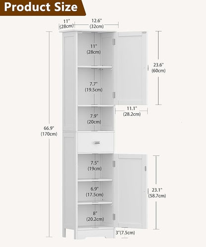 Akxoml Tall Bathroom Storage Cabinet with 2 Doors, 67" H Narrow Floor Cabinet with Adjustable Shelves and Drawer, Anti-Tip Design, 11.8 x 12.6 x 66.9 Inches, for Bathroom, Kitchen，Entryway, White