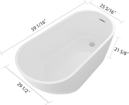 Logmey 59 Inch White Acrylic Freestanding Bathtub with Overflow Oval Shape Soaking Tub with Chrome Drain Assembly for Modern Classic Bathrooms